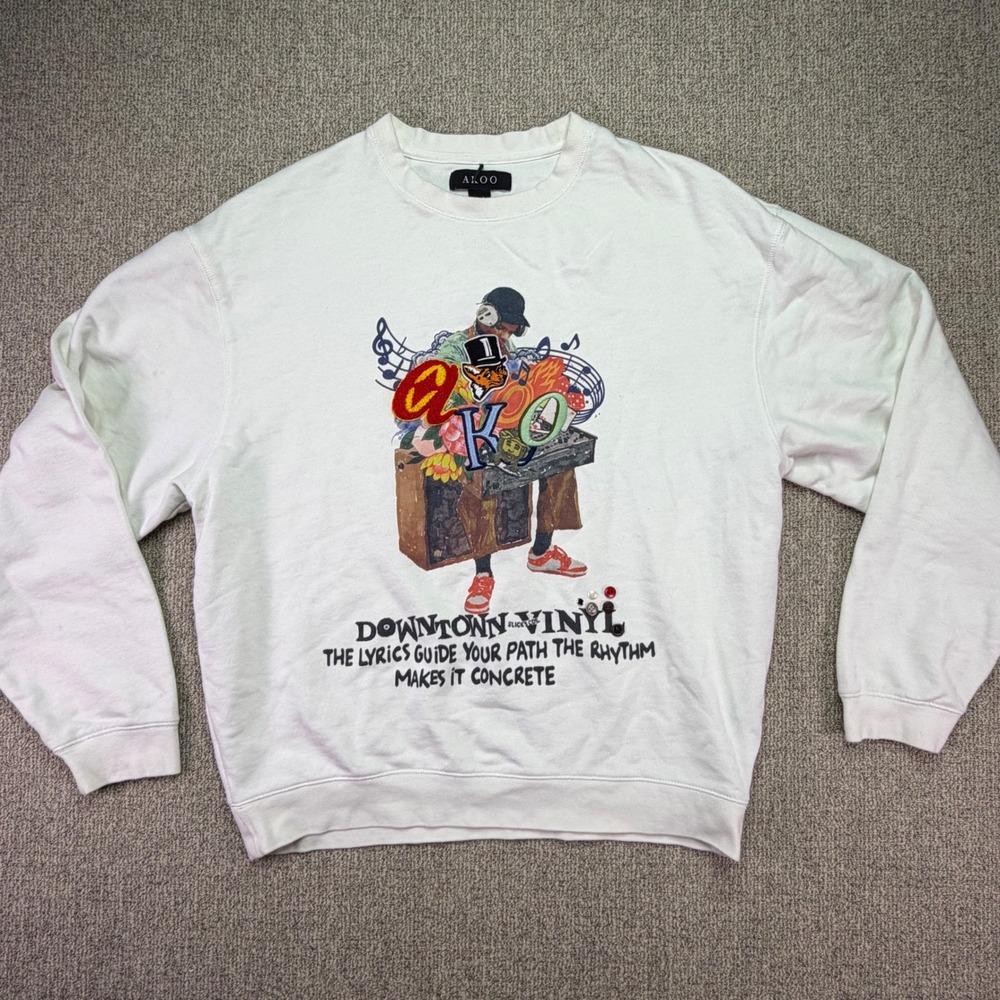Akoo Mens 3XL White Downtown Vinyl Graphic Patch Crewneck Sweatshirt Hip Hop